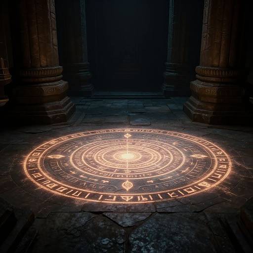 Photograph of a glowing, circular, illuminated magical rune design on a dark stone floor, surrounded by tall, shadowy stone columns.
