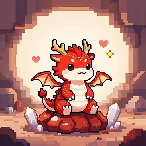 Pixel Art Cute Red Dragon in Cave