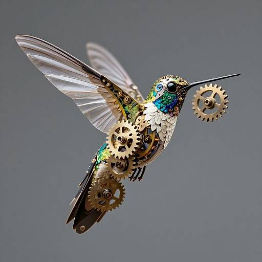 Steampunk hummingbird with intricate gears, colorful feathers, and translucent wings, flying against a gray background. Digital art.