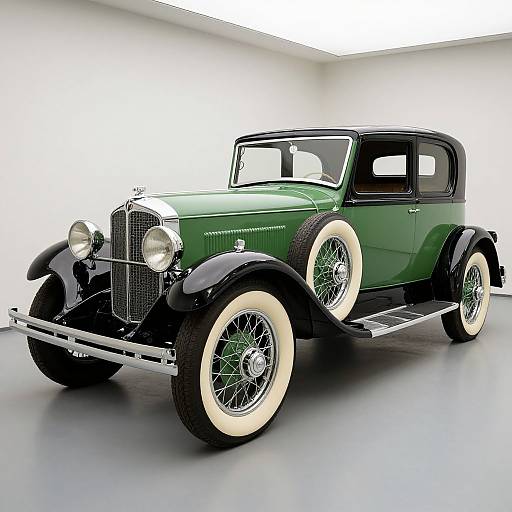 Photograph of a vintage green and black classic car with white-walled tires, chrome details, and a polished grille, displayed in a minimalistic white