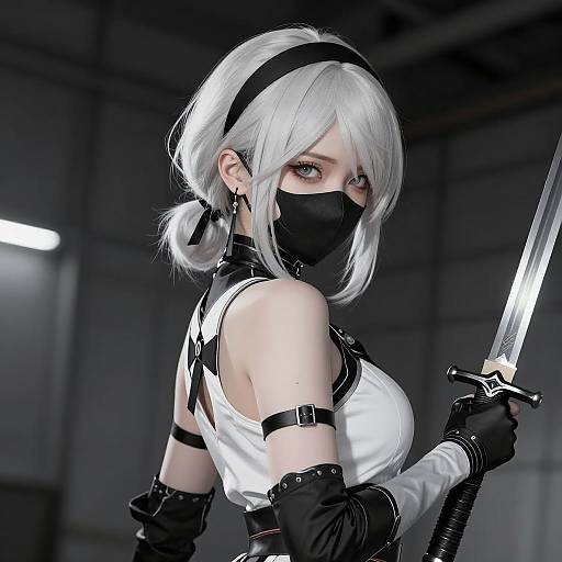 Young Woman with Sword in Industrial Setting