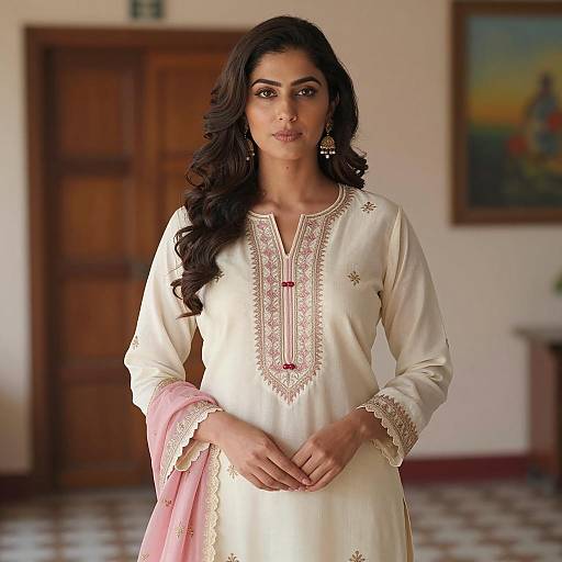 Woman in Traditional Cream and Pink Embroidered Kurti