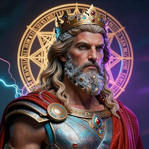 Digital art of a muscular, bearded king with a crown, wearing metallic armor and a red robe, against a glowing magical circle backdrop with lightning.