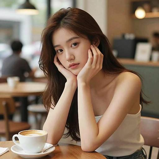 Photograph of a young Asian woman with long brown hair, wearing a white tank top, resting her face on her hands, sitting at a cafe table
