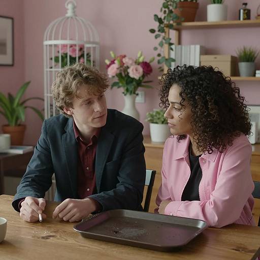 Two People Sitting and Talking at Wooden Table