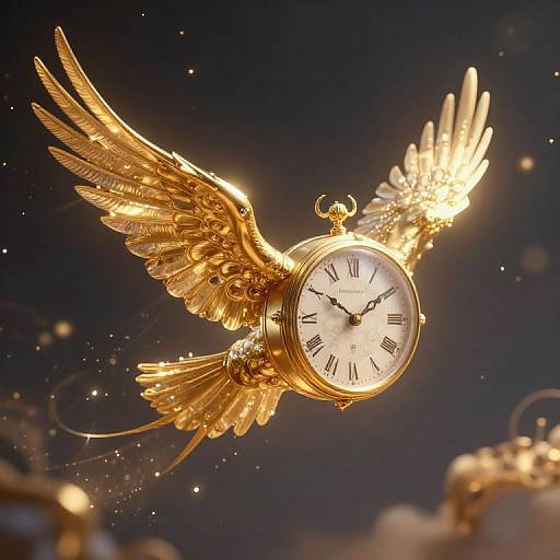 Glowing, golden-winged pocket watch with Roman numerals, soaring against a dark, starry sky in a photograph. Light sparkles surround