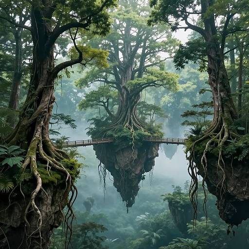 Fantastical digital artwork of a lush, misty forest with a floating, root-covered tree island and a narrow, wooden bridge connecting it.