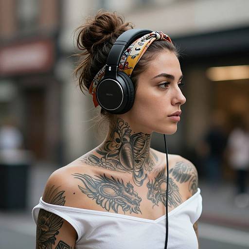 Tattooed Woman in Musical Reflection