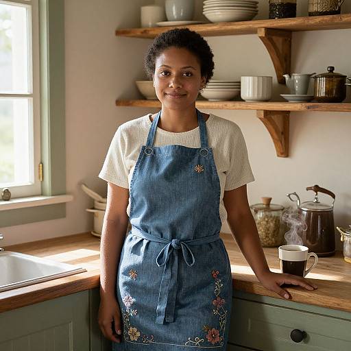 Photograph of a smiling Black woman with short curly hair, wearing a blue floral apron over a white shirt, standing in a sunlit, rustic