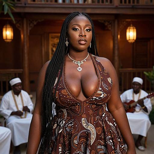 Photograph of a confident, dark-skinned Black woman with long braids, wearing a deep plunging, patterned brown dress, standing in a