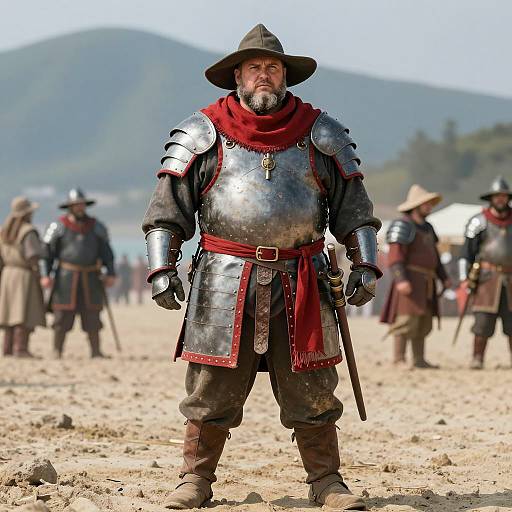Muscular Man in Medieval Armor at Beach
