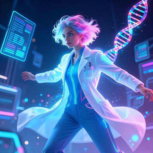 Neon-lit digital artwork of a confident, white-haired scientist woman in a glowing white lab coat and blue jumpsuit, with a DNA double hel