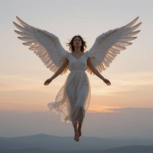 Photograph of a woman with large white angel wings, floating against a sunset sky, wearing a flowing white dress, smiling serenely.