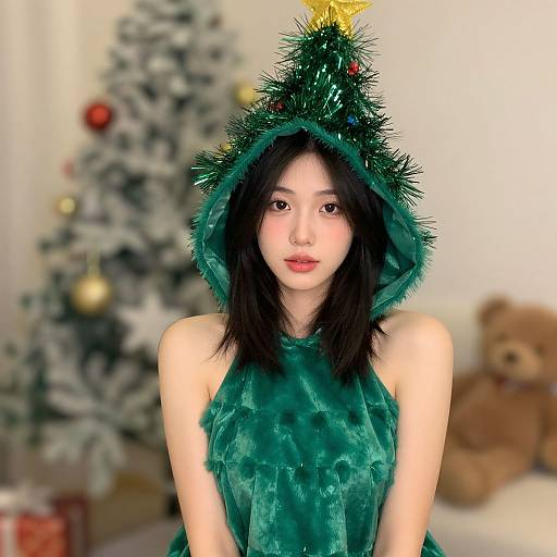 Photograph of an Asian woman with fair skin, black hair, wearing a green Christmas tree hooded dress, standing in a festive room with a blurred