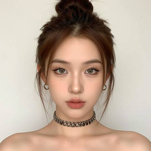 Photograph of an East Asian woman with fair skin, dark hair in a messy bun, wearing a black choker, earrings, and neutral makeup,