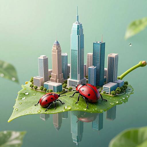 Digital artwork: Two red ladybugs on a green leaf with cityscape reflection; skyscrapers, including a tall blue building, surround the leaf.
