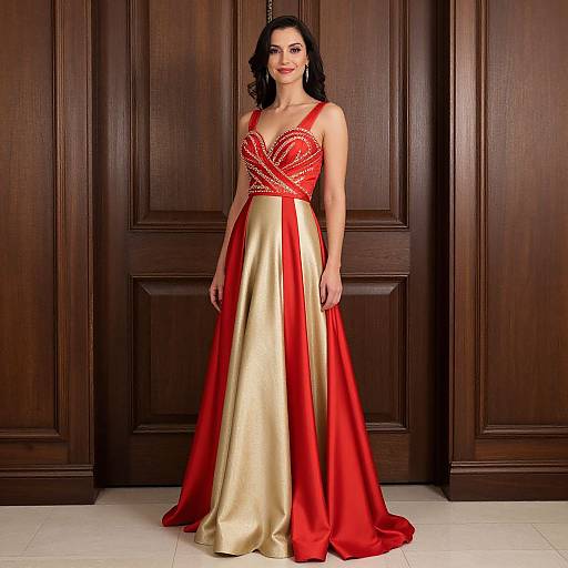 Elegant Woman in Red Gold Dress
