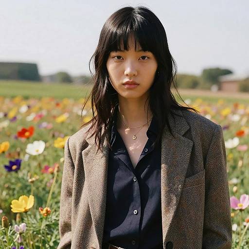 Fashion Model with Blunt Fringe in Flower Field