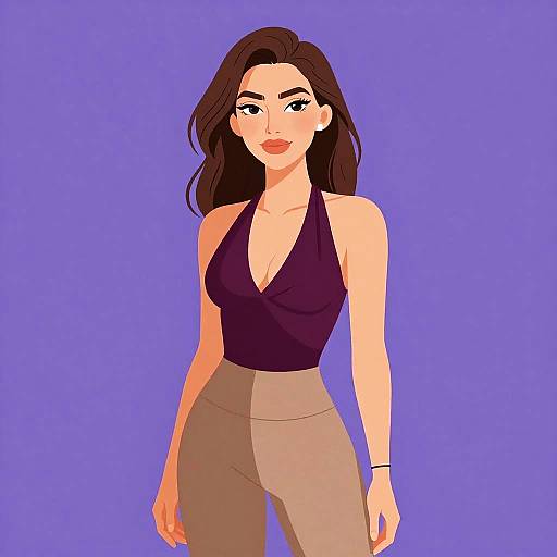 Digital illustration of a confident woman with long brown hair, wearing a black halter top and beige pants, against a solid purple background. She has a