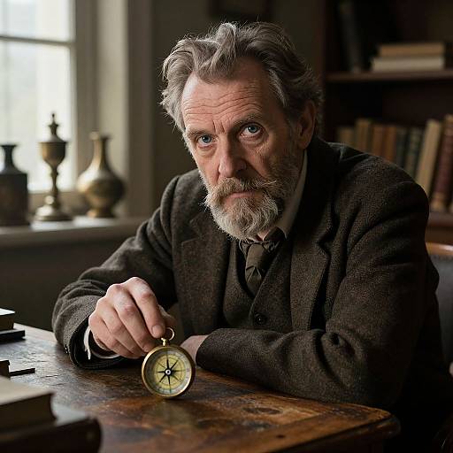 Photograph of a middle-aged, gray-bearded man with intense blue eyes, wearing a dark wool suit, holding a vintage compass on a wooden desk