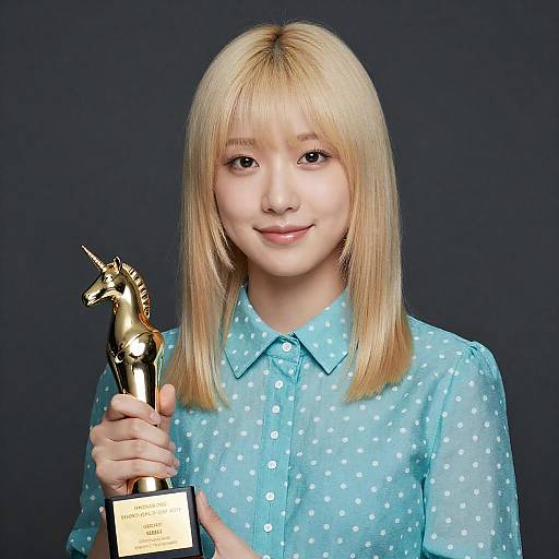 Young Woman with Award in Blurred Background