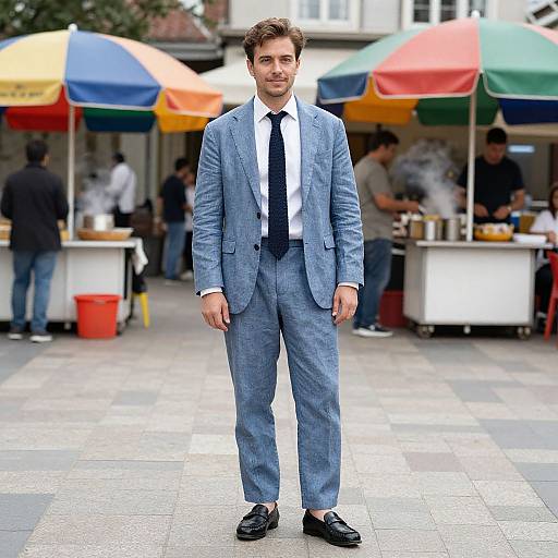 Photograph of a young man in a light blue suit, white shirt, black tie, and black shoes, standing in front of colorful umbrellas at