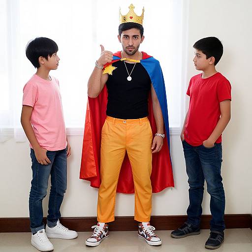 Photograph of a bearded man in a black shirt, orange pants, red and blue cape, crown, with two boys in pink and red shirts
