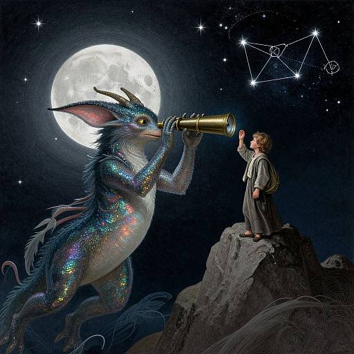 Fantastical digital art: a shimmering, rainbow-scaled dragon with antlers peers through a golden telescope, while a young boy in a robe