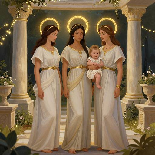 Digital painting of three women with halos, wearing white, gold-belted gowns, standing in a classical temple, holding a baby with a