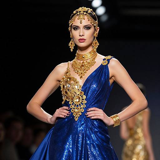 Photograph of a slender, fair-skinned female model on a runway, wearing a shimmering blue sari adorned with intricate gold embroidery, headpiece