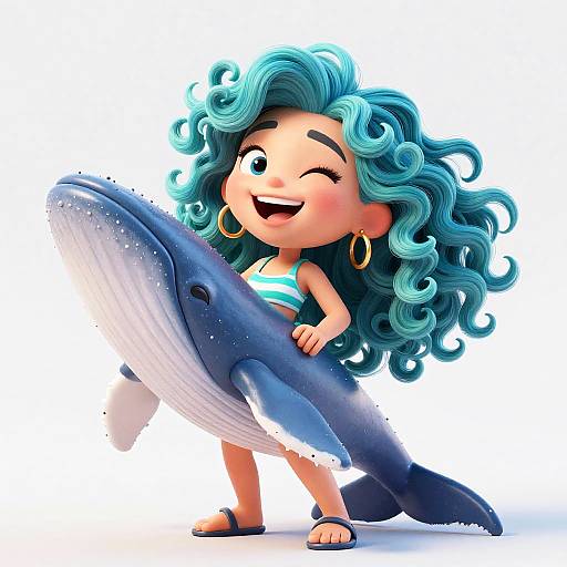 Cartoon woman with curly teal hair, gold hoop earrings, striped bikini, winking, holding large blue whale, white background. Digital art.