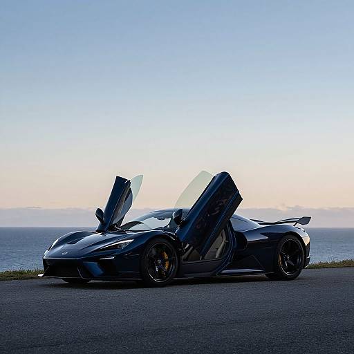 Photograph of a sleek, black, sports car with two open gull-wing doors, parked on a coastal road at sunset.