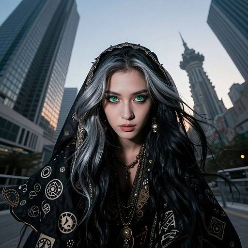 Digital artwork of a pale-skinned woman with striking green eyes, long silver-black hair, and black veil adorned with gold patterns, standing in a city