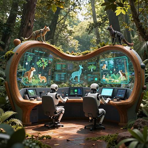 Photorealistic digital art: Two futuristic scientists in white suits sit at high-tech forest workstation with holographic animal displays, surrounded by lush trees and illuminated