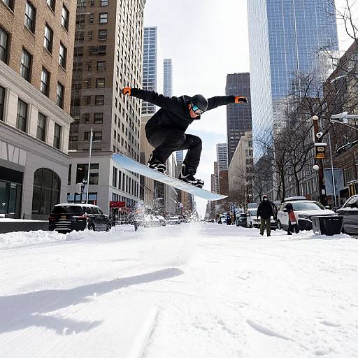 Snowboarding in a bustling, snowy urban street with tall buildings; skier in black gear, orange gloves, mid-air jump, snow spraying beneath.