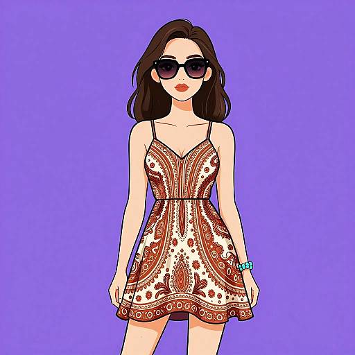 Woman in Bohemian Paisley Mini Dress with Sunglasses