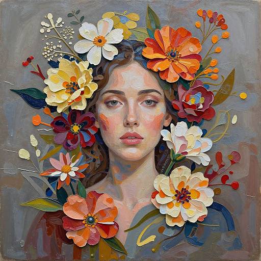 Digital painting of a serene woman with fair skin, brown hair, and subtle makeup, surrounded by vibrant orange, white, and yellow flowers.