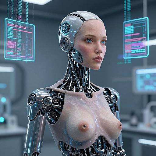 Photorealistic CGI of a human-like female android with metallic limbs, transparent chest revealing small breasts, blue eyes, in a futuristic lab with holographic