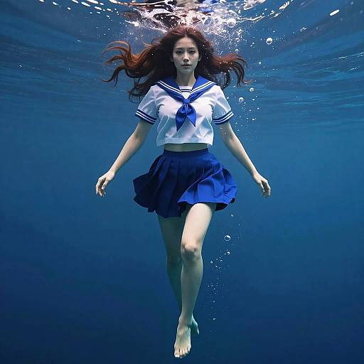 Photograph of a young Asian woman with long red hair, wearing a white sailor top and blue skirt, floating underwater in a deep blue ocean, with