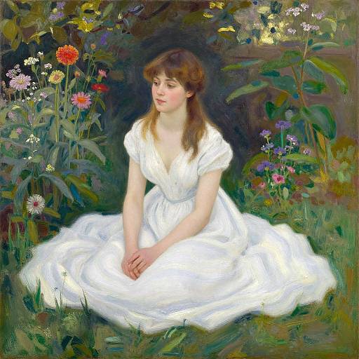 Whimsical painting of a fair-skinned, brown-haired woman in a white dress, sitting in a lush, colorful garden, surrounded by vibrant flowers