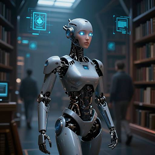 Photorealistic CGI of a glowing blue-eyed, silver-and-black female android in a futuristic library, surrounded by blurred figures and digital holograms.