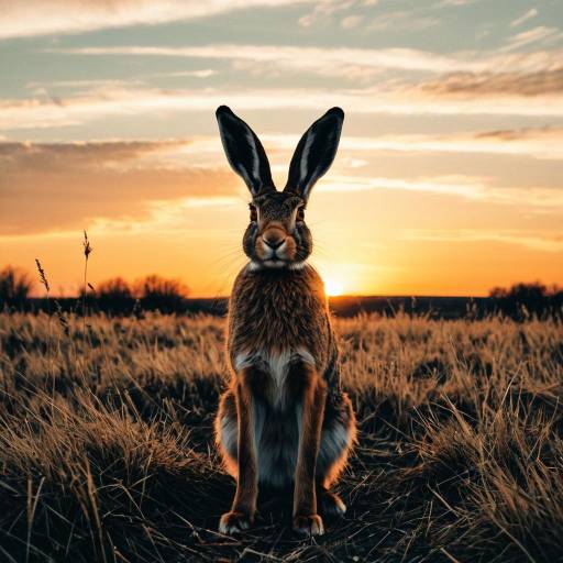 Hare Sitting in Field at Sunset