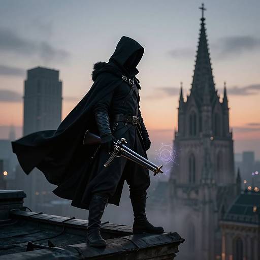 Silhouetted hooded figure in dark cloak and armor stands on rooftop, holding glowing sword, with Gothic cathedral and cityscape at dusk. Digital