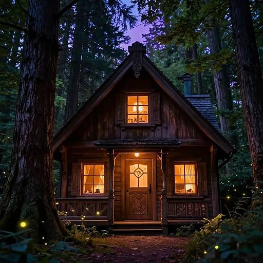 Photograph of a wooden cabin in a forest at dusk, lit with warm yellow lights, surrounded by tall trees and glowing fireflies.