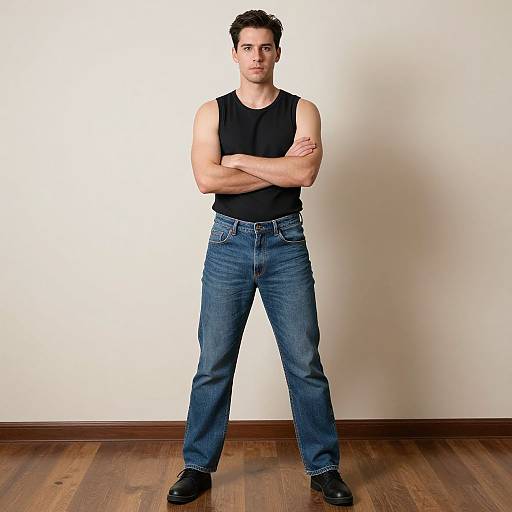 Photograph of a muscular man with short black hair, wearing a black sleeveless shirt, blue jeans, and black shoes, standing with arms crossed against