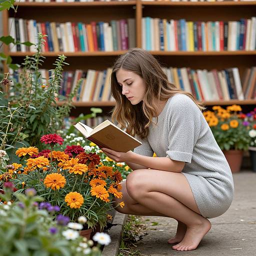 Photograph of a young woman with long brown hair, wearing a white knit dress, squatting in a garden, reading a book amidst vibrant orange,