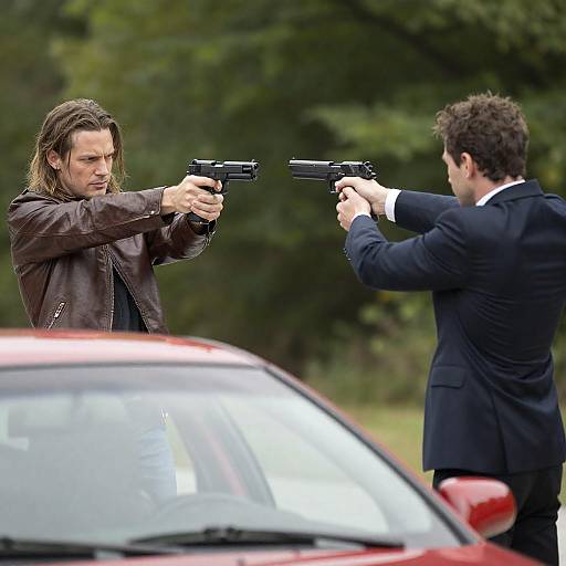 Intense Standoff: Men Aiming Pistols