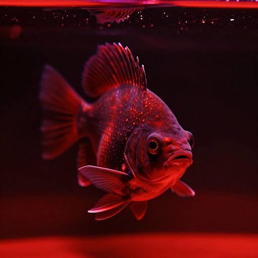 Photograph of a vibrant red, speckled goldfish with spread fins, swimming in a dark aquarium illuminated by red lighting.