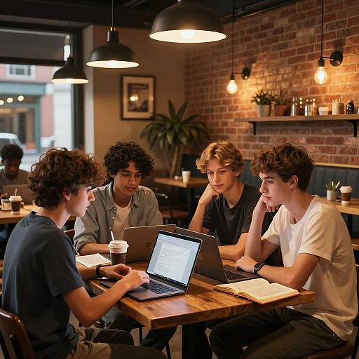 Photograph of four young people with curly and straight hair, casually dressed, sitting at a wooden table in a cozy, brick-walled café, focused