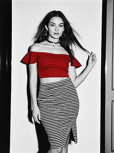 Woman in Red Off-Shoulder Top and Striped Skirt